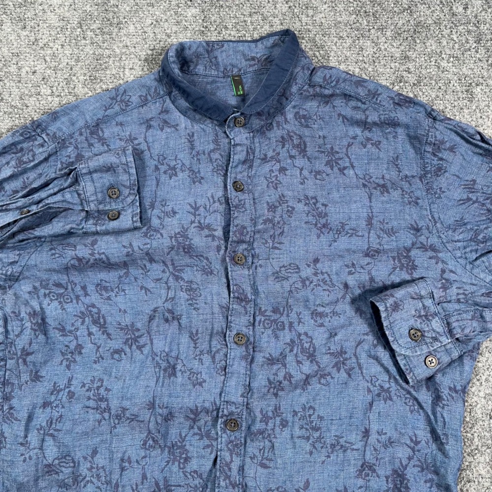 Benetton Stile Floral Linen Button Down Shirt Mens Small Blue Long Sleeve Slim
